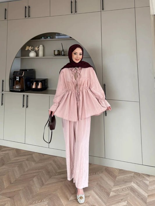 Lace Detail Crinkle Modest Set Blush