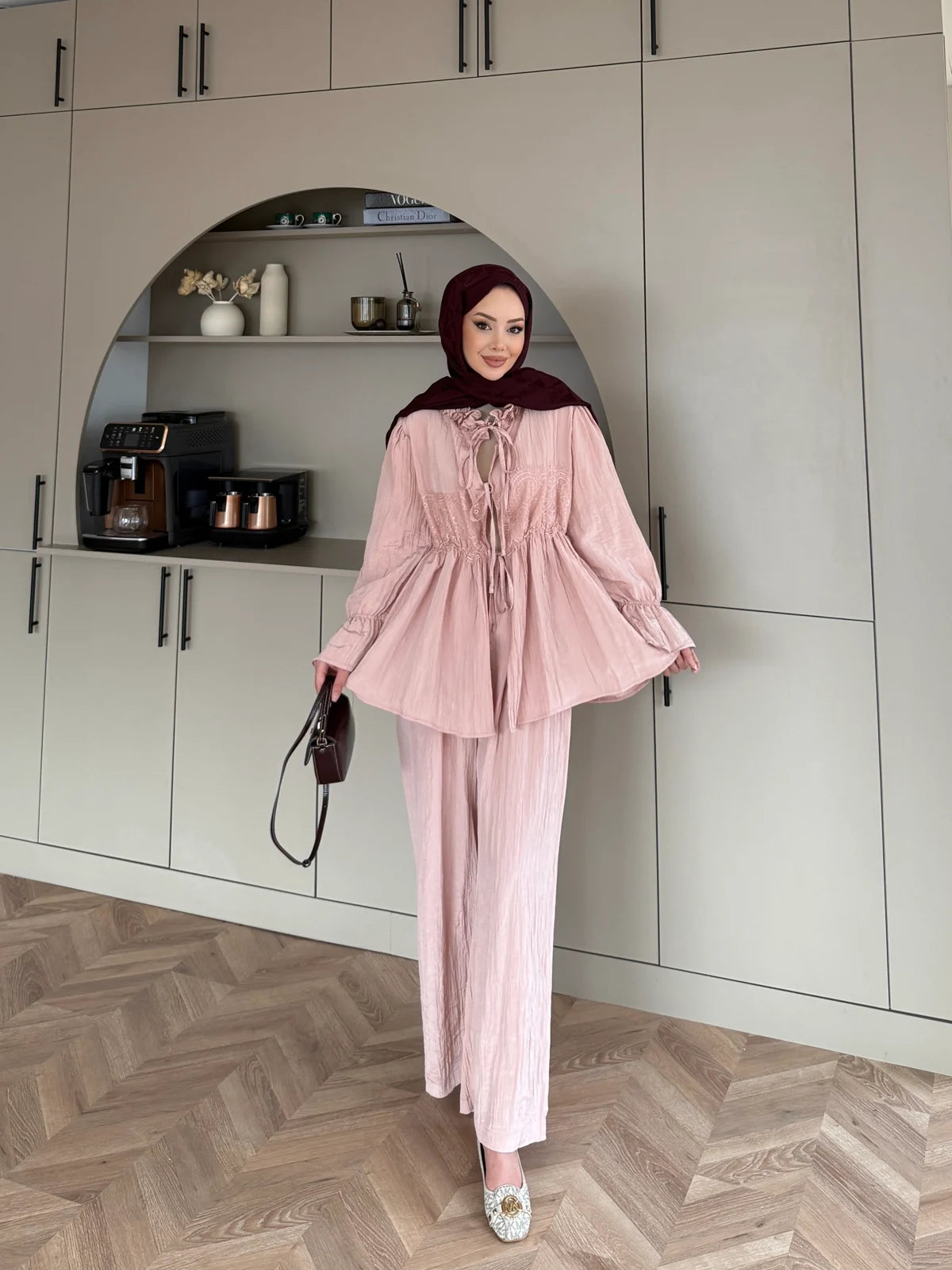 Lace Detail Crinkle Modest Set Blush