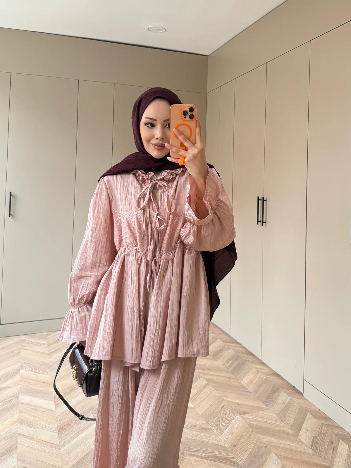 Lace Detail Crinkle Modest Set Blush