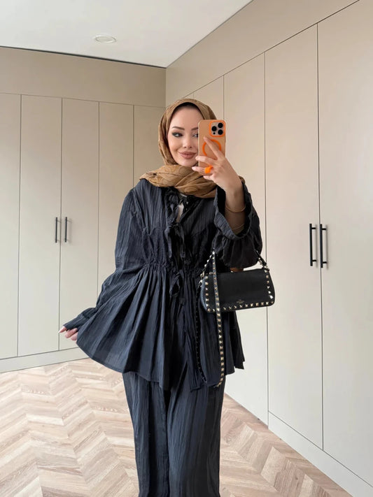 Lace Detail Crinkle Modest Set Black