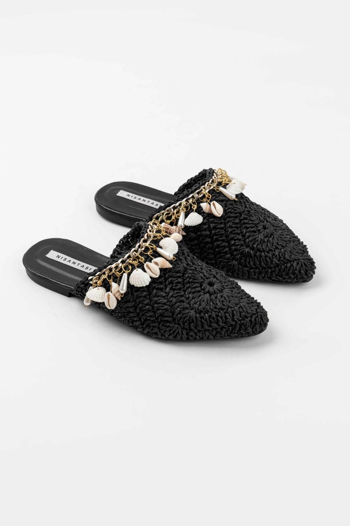 Black Woven Mules with Seashell Detail
