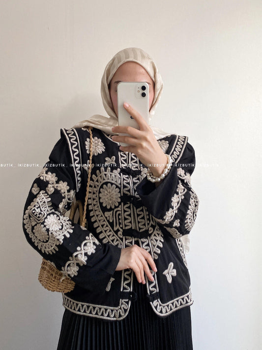 Black Embroidered Asian Design Jacket Top