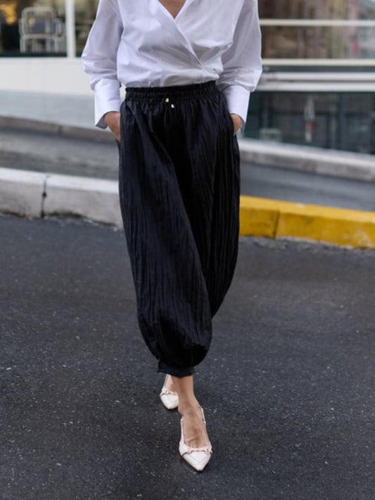 Crinkled Fabric Harem Pants with Drawstring Waist Black