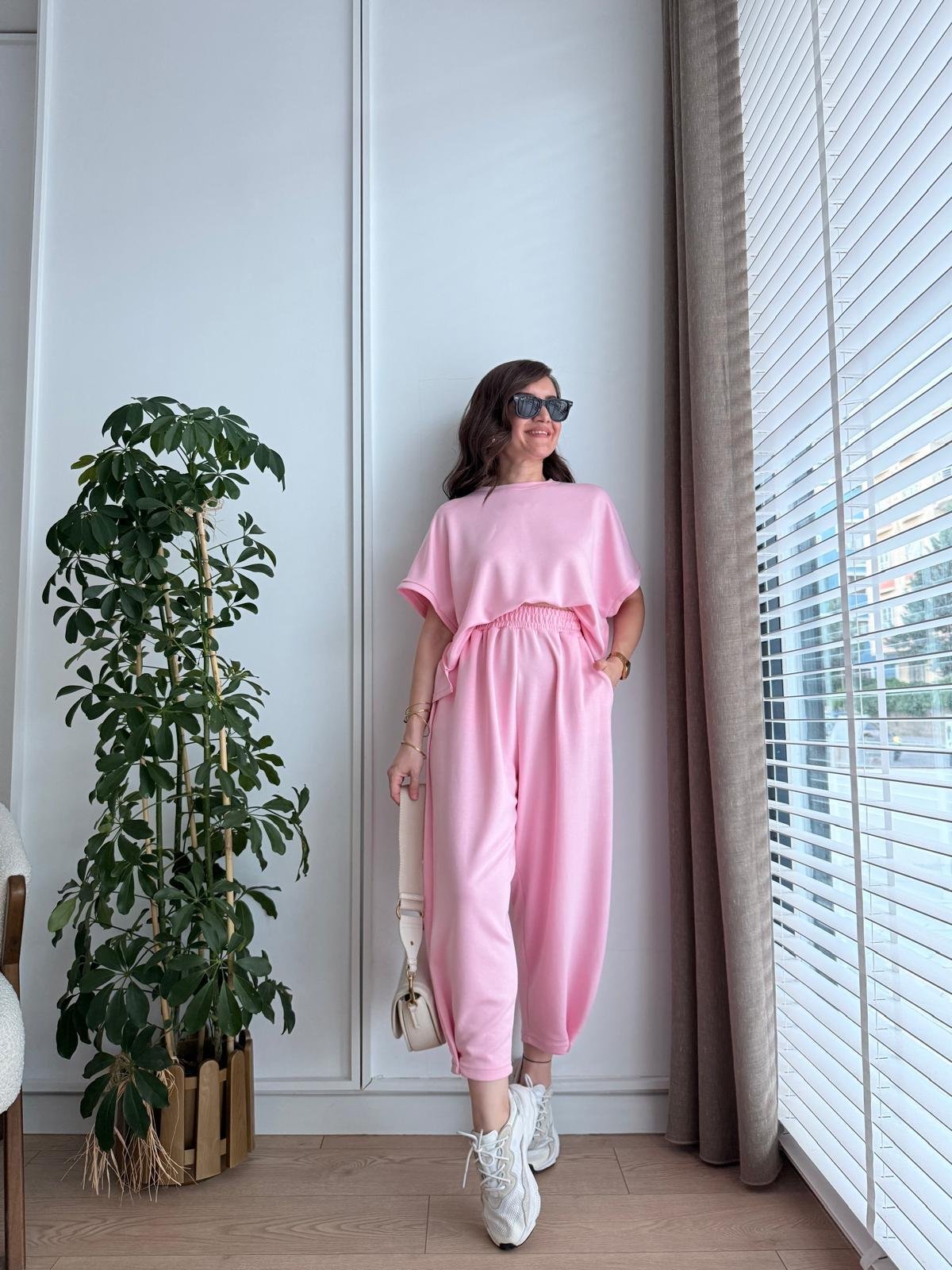 Modal Fabric Hem Detailed Loungewear Comfort Set Candy Pink