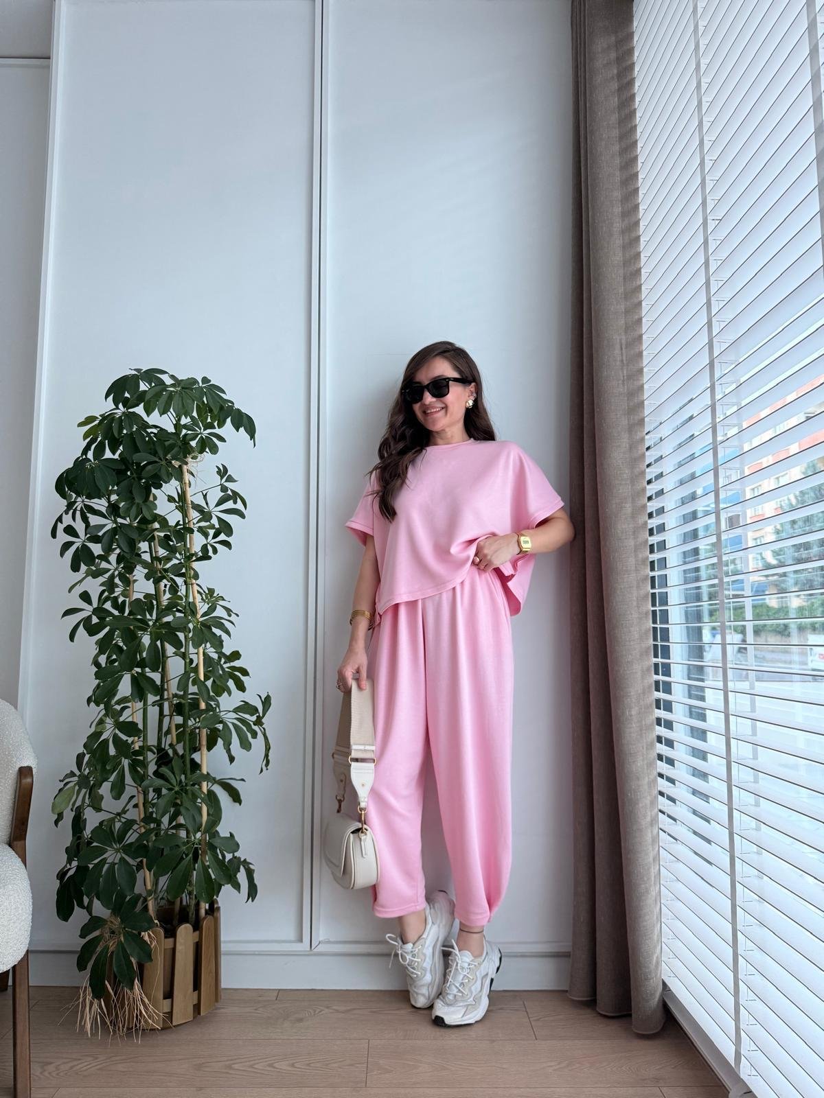 Modal Fabric Hem Detailed Loungewear Comfort Set Candy Pink