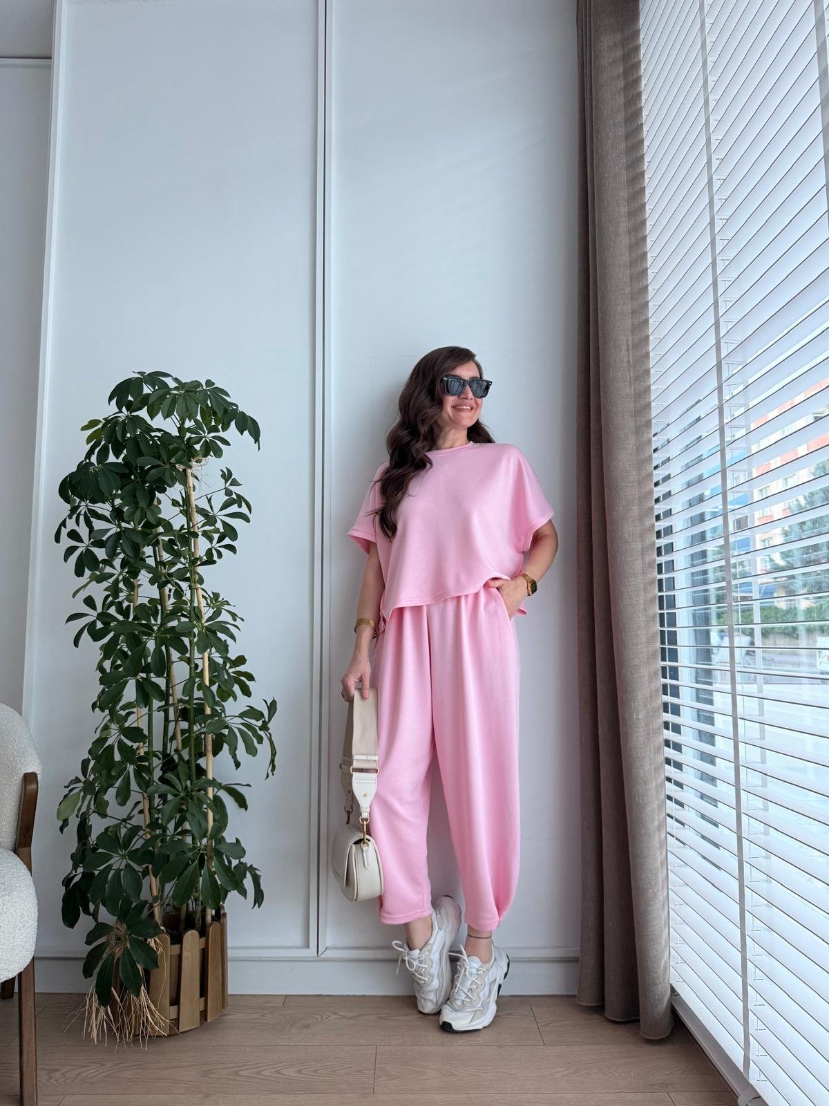 Modal Fabric Hem Detailed Loungewear Comfort Set Candy Pink