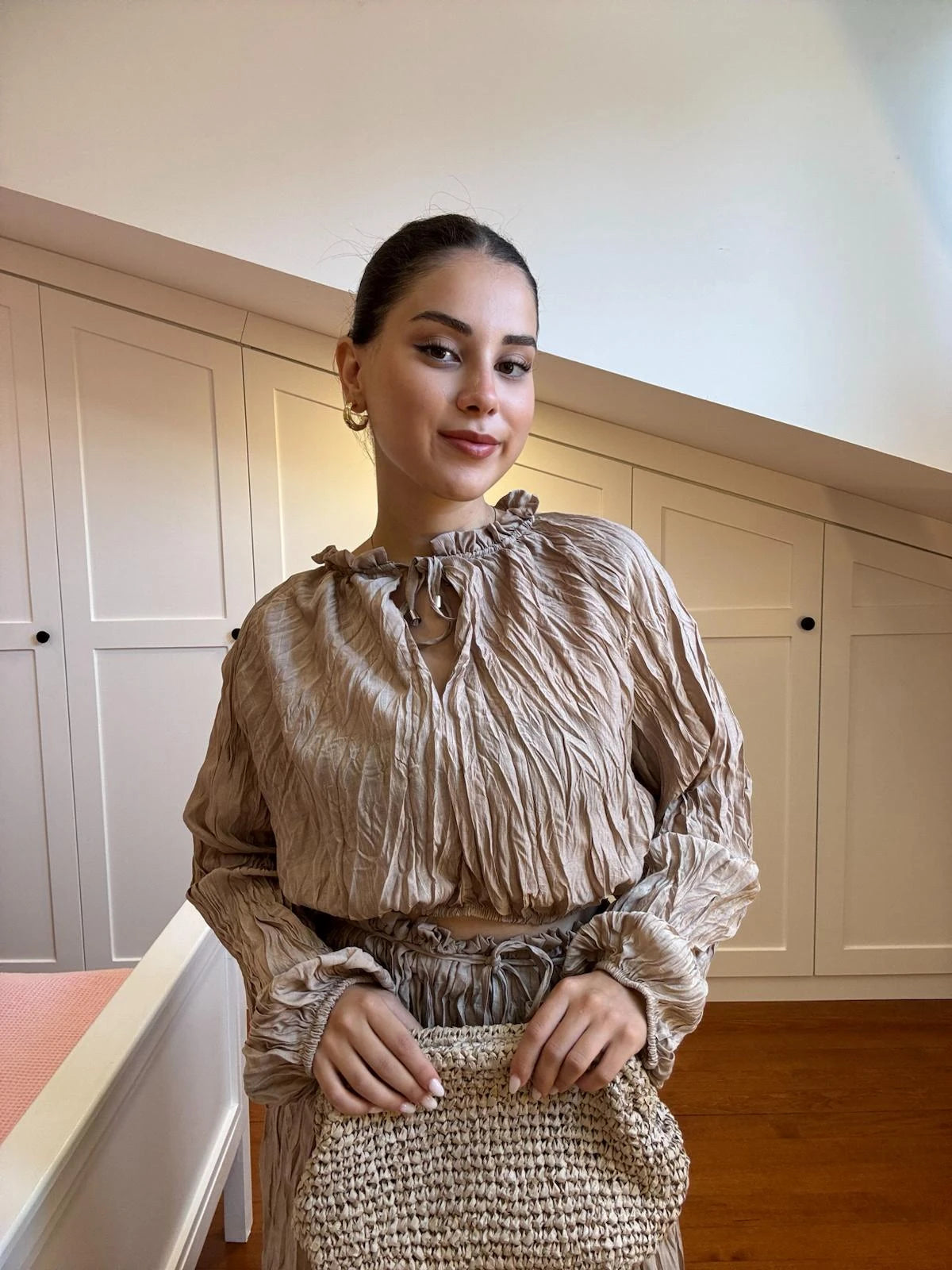 Crushed-Texture Blouse & Skirt Set