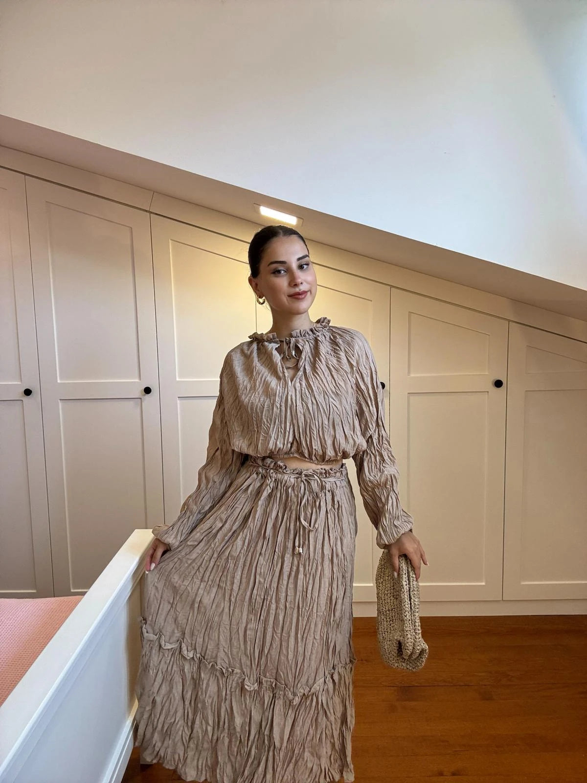 Crushed-Texture Blouse & Skirt Set