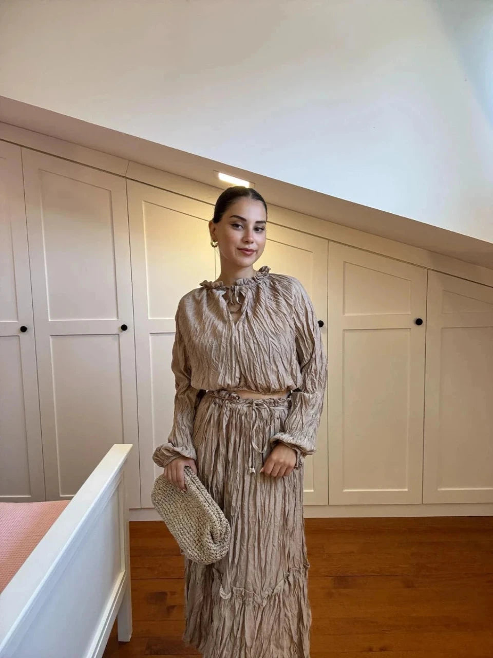 Crushed-Texture Blouse & Skirt Set