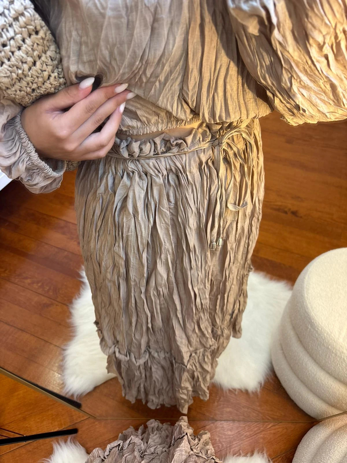 Crushed-Texture Blouse & Skirt Set