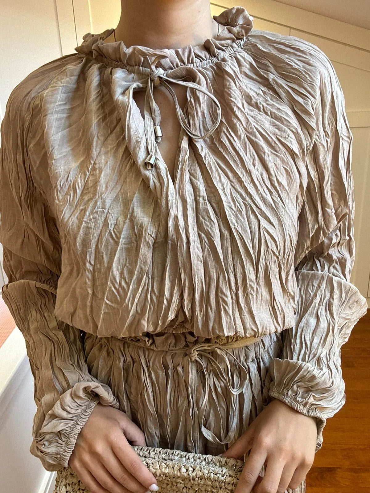 Crushed-Texture Blouse & Skirt Set