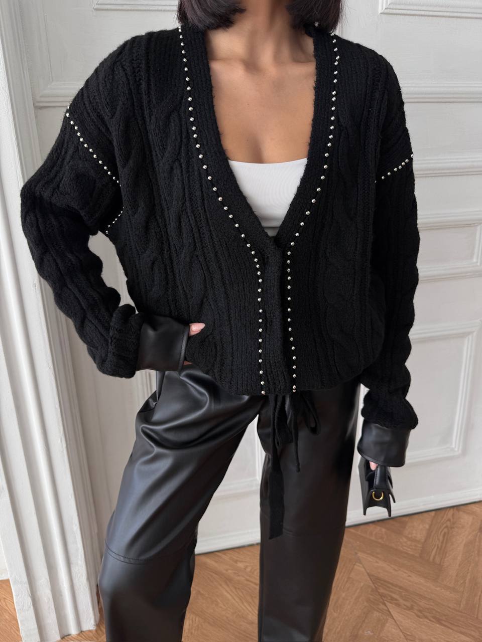 Studded V-Neck Cardigan with Leather Details – Black
