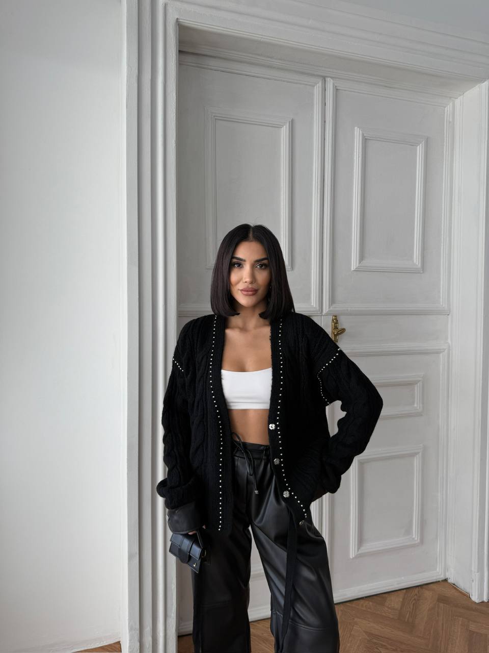 Studded V-Neck Cardigan with Leather Details – Black