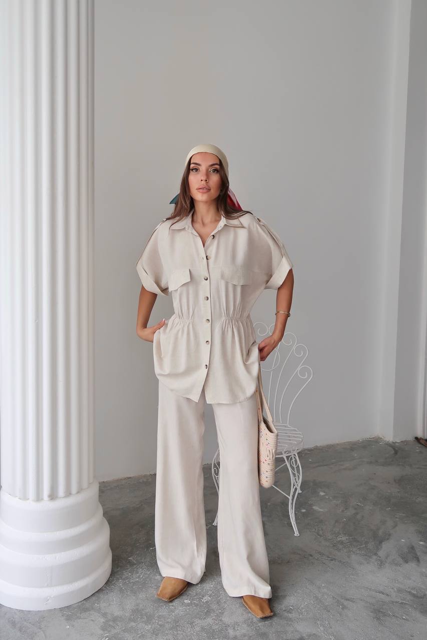 Cotton Co‑Ord Button‑Down Top with Elastic‑Defined Waist Cream