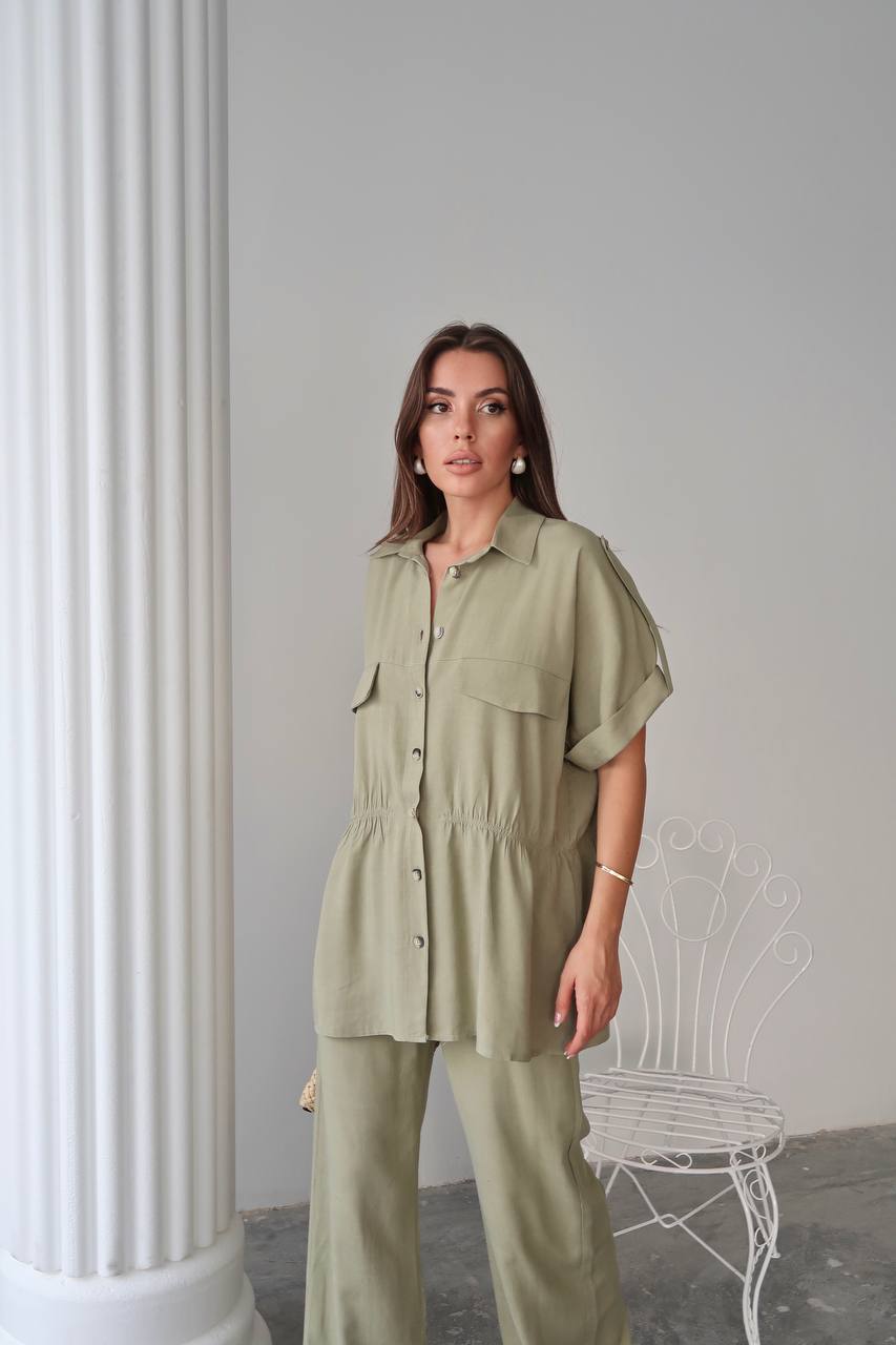 Cotton Co‑Ord Button‑Down Top with Elastic‑Defined Waist Olive