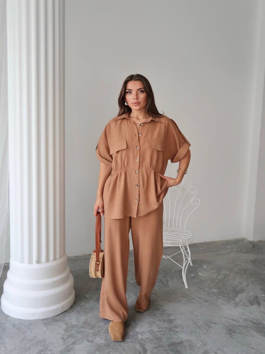 Cotton Co‑Ord Button‑Down Top with Elastic‑Defined Waist Rust
