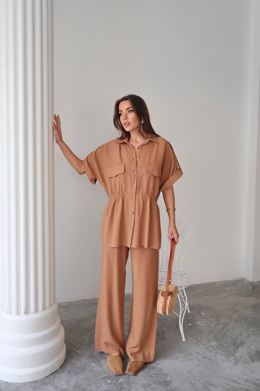 Cotton Co‑Ord Button‑Down Top with Elastic‑Defined Waist Rust
