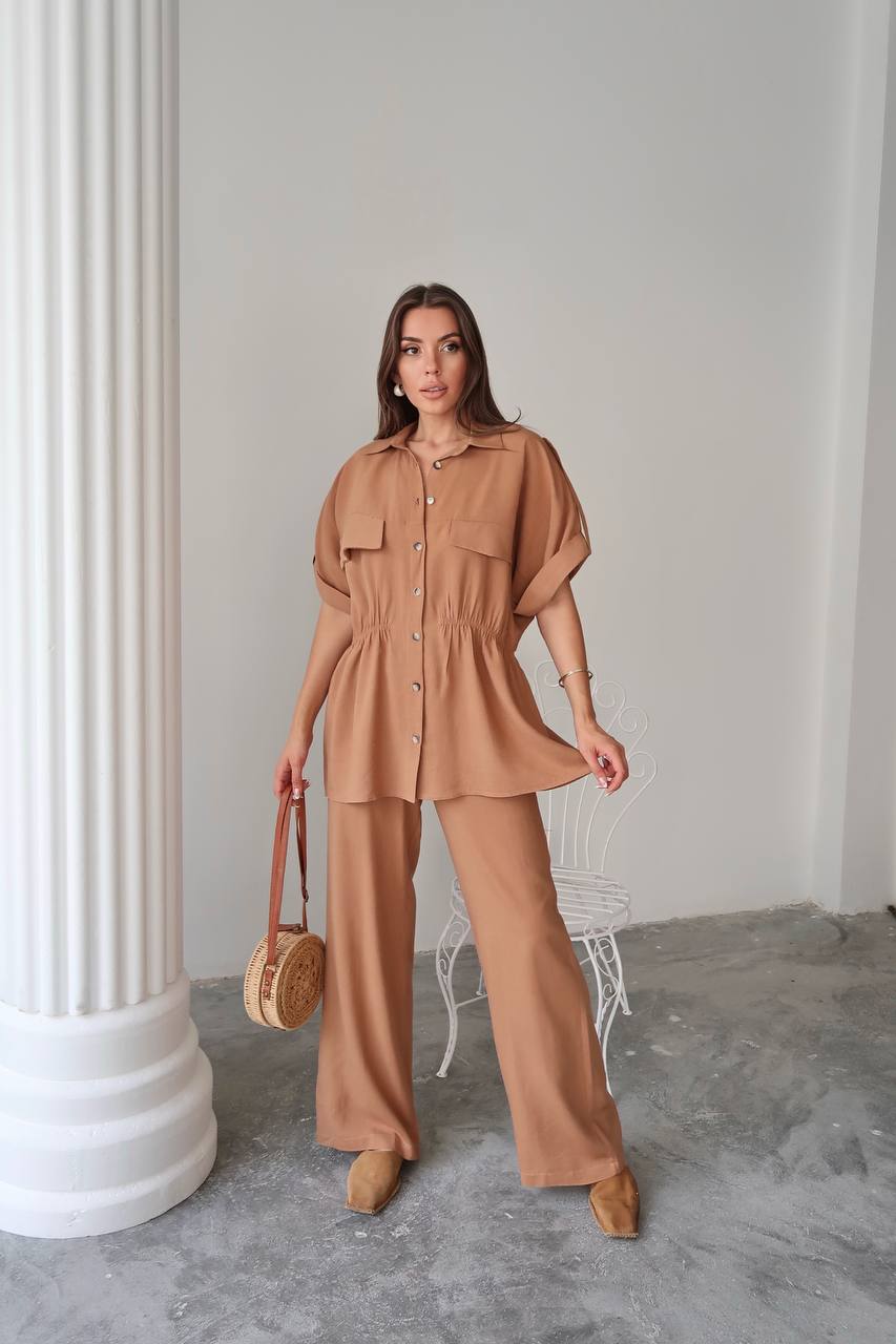 Cotton Co‑Ord Button‑Down Top with Elastic‑Defined Waist Rust
