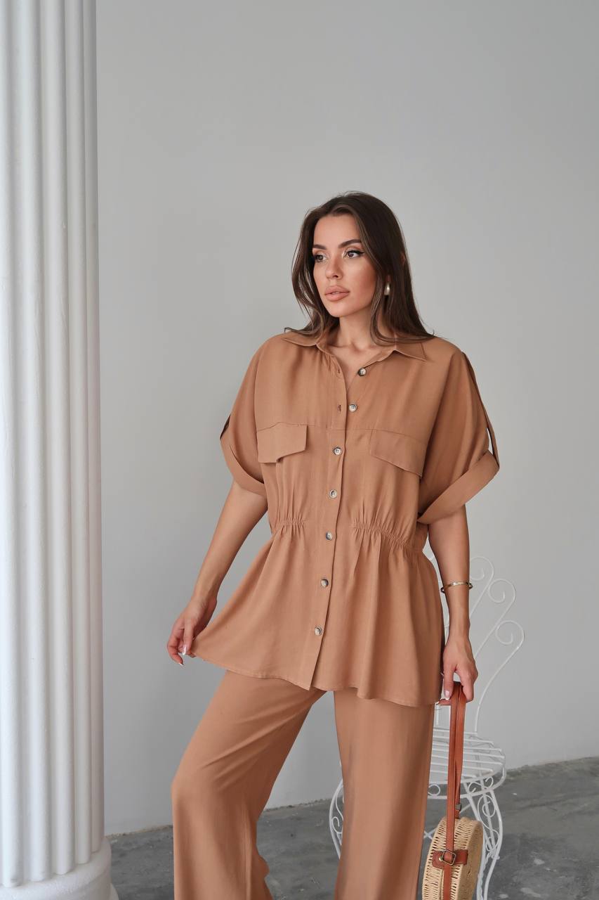 Cotton Co‑Ord Button‑Down Top with Elastic‑Defined Waist Rust