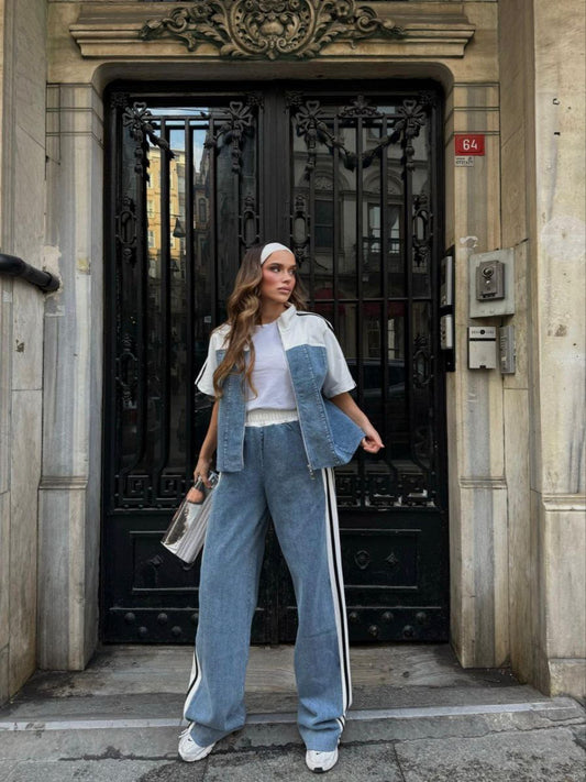 Sporty Denim–Cotton Co‑Ord Set White