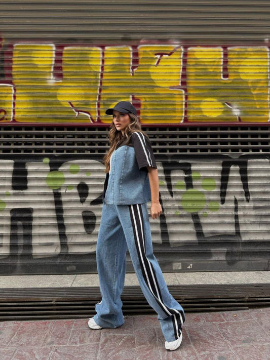 Sporty Denim–Cotton Co‑Ord Set Black