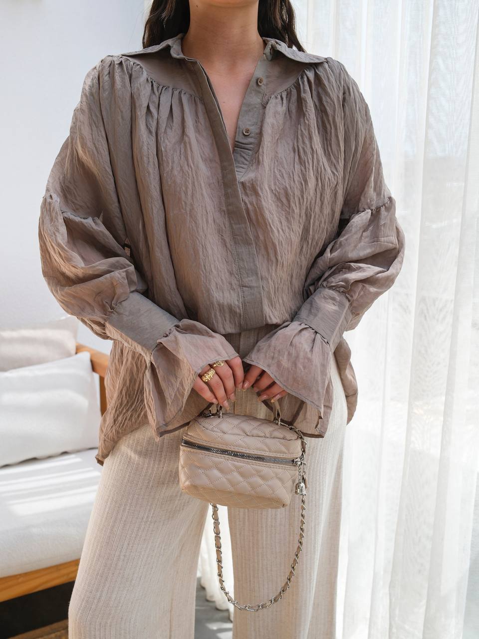 Sheer Modal Shirt with Collar Taupe