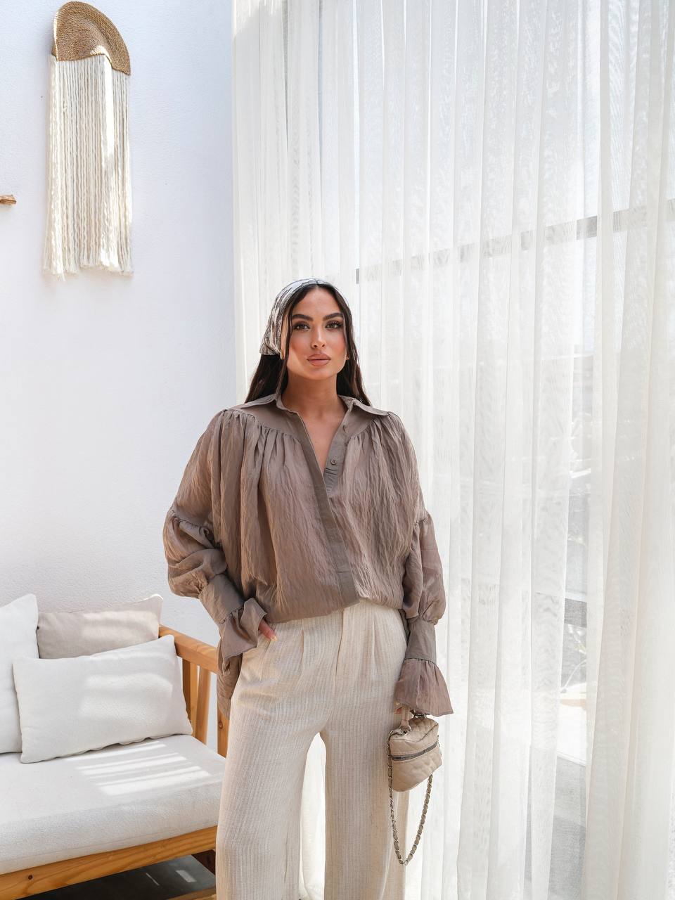 Sheer Modal Shirt with Collar Taupe