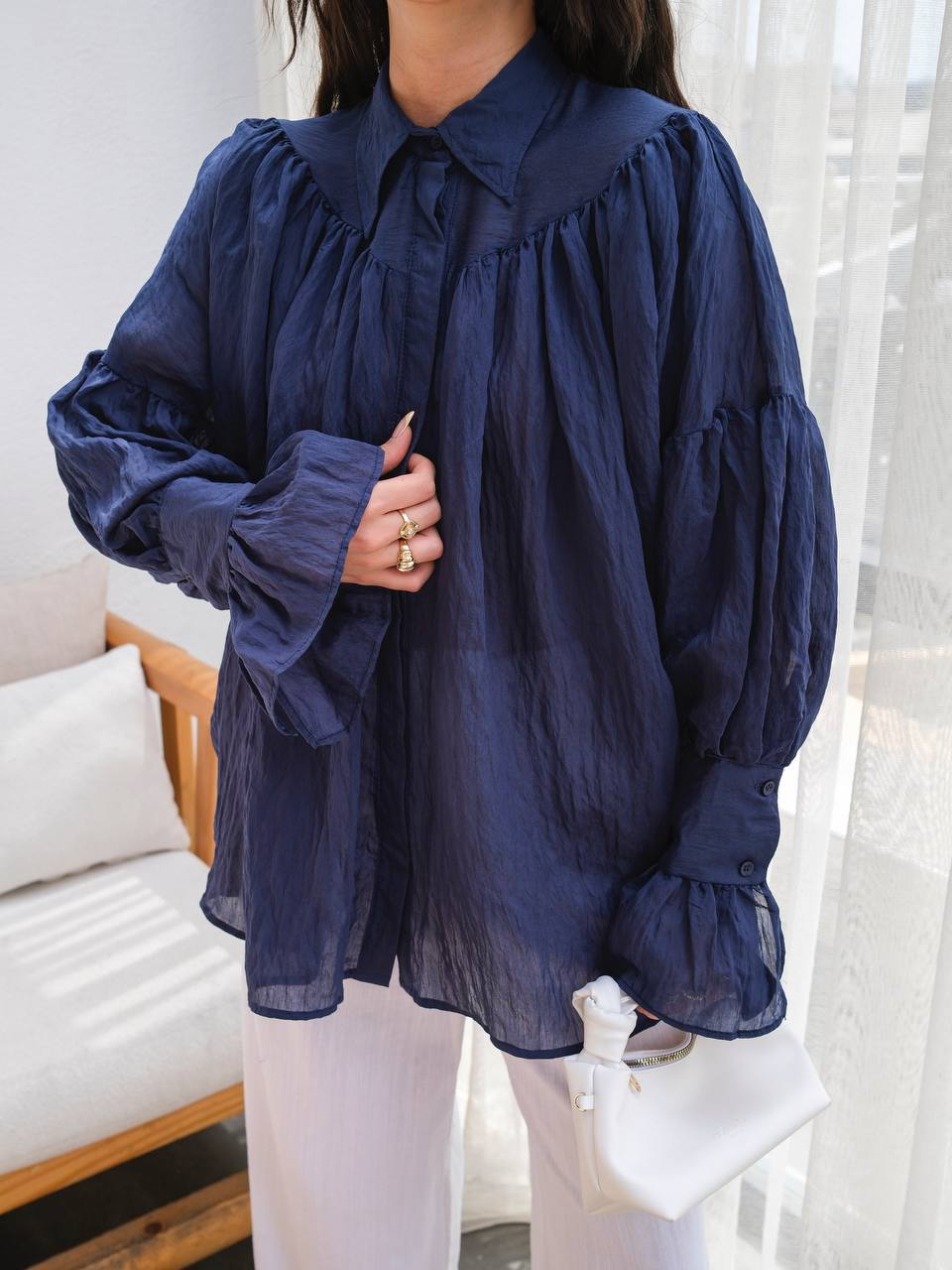 Sheer Modal Shirt with Collar Blue