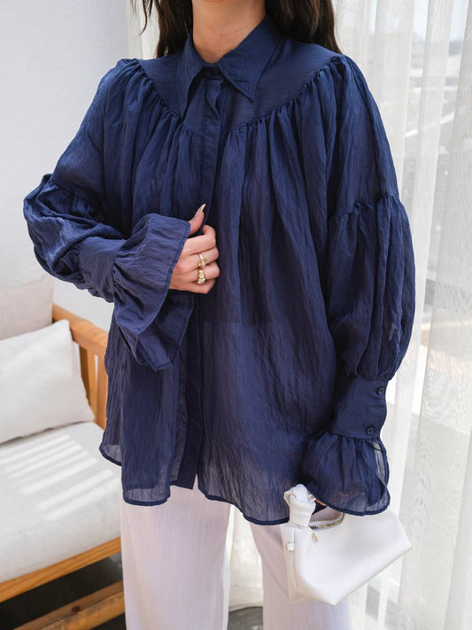Sheer Modal Shirt with Collar Blue