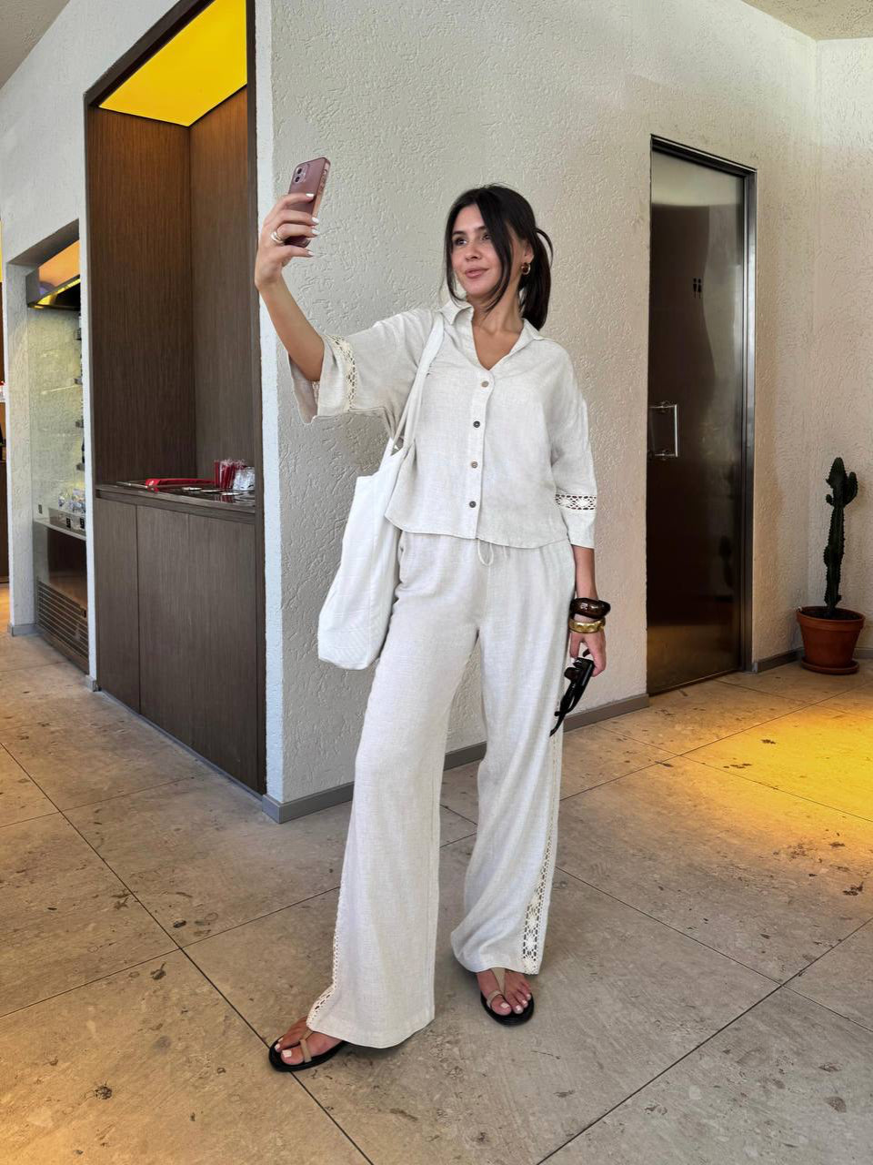 Beige Co-Ord Set with Lace Trim