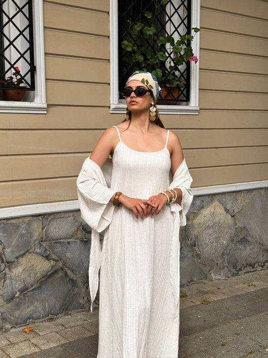 Cream Strap Dress with Detachable Bolero