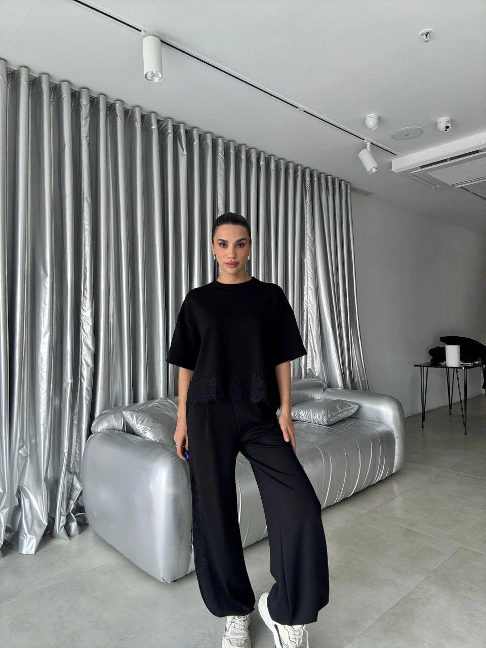 Lace Trim Modal Lounge Set Black