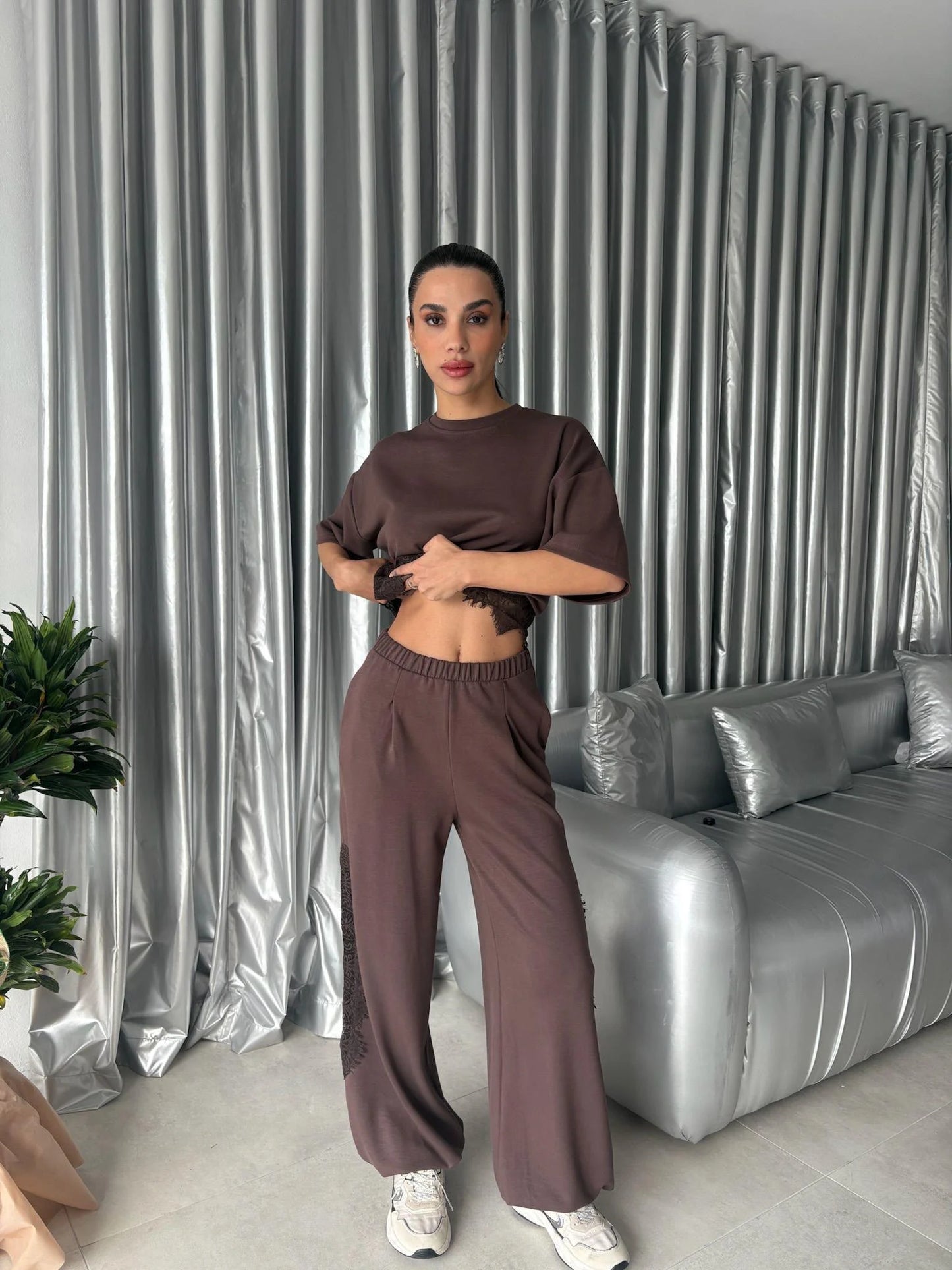Lace Trim Modal Lounge Set Brown