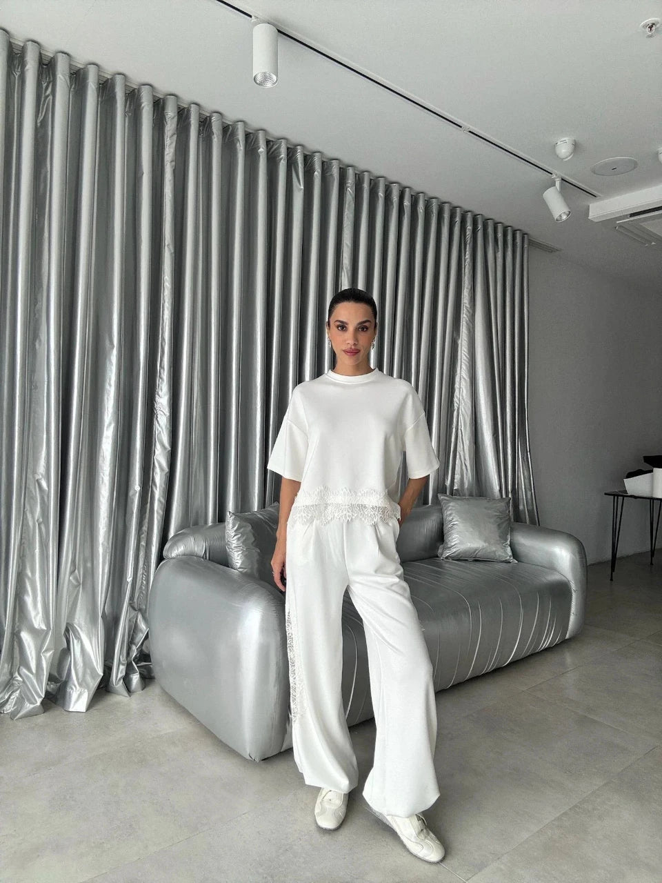 Lace Trim Modal Lounge Set White