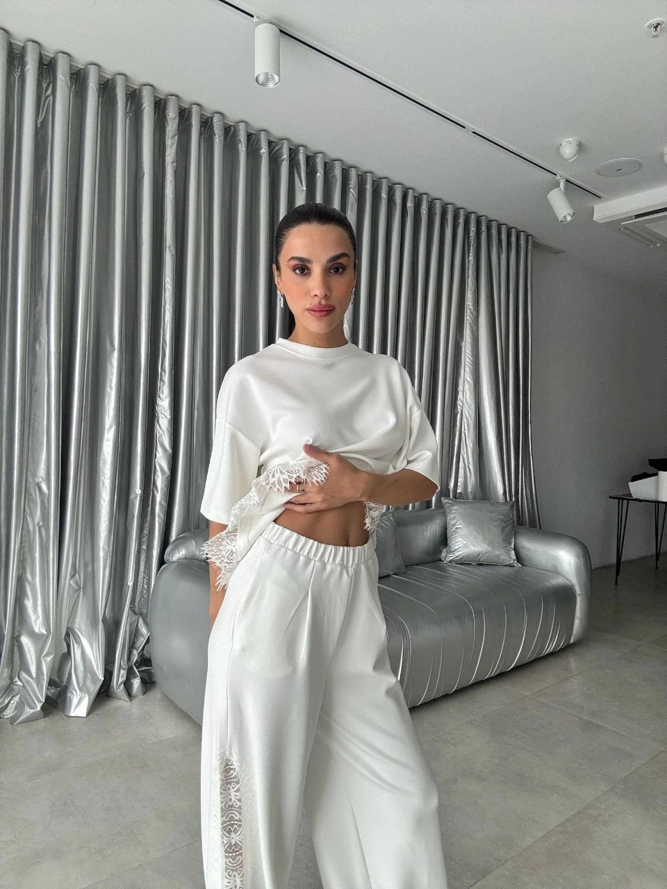 Lace Trim Modal Lounge Set White