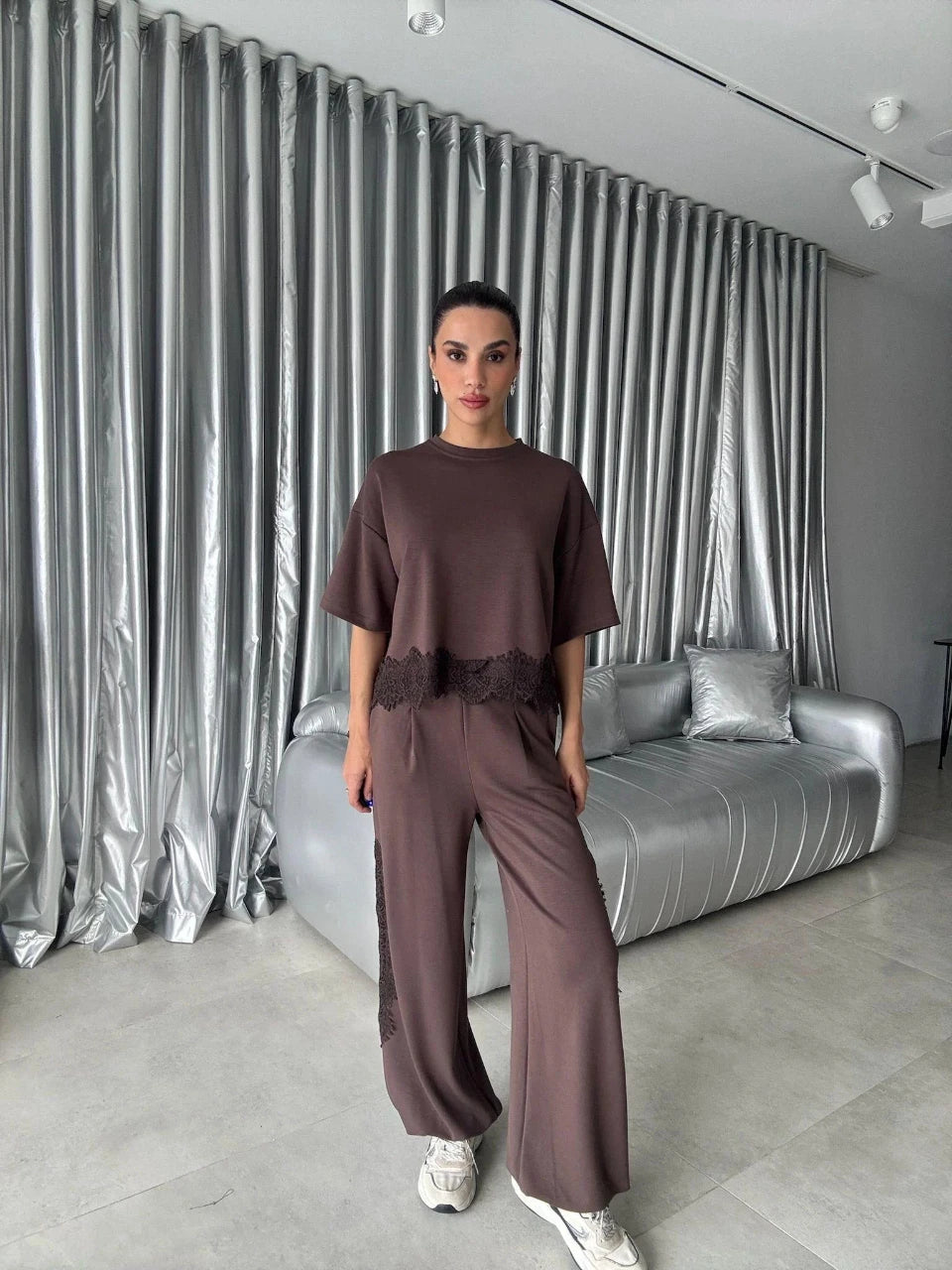 Lace Trim Modal Lounge Set Brown