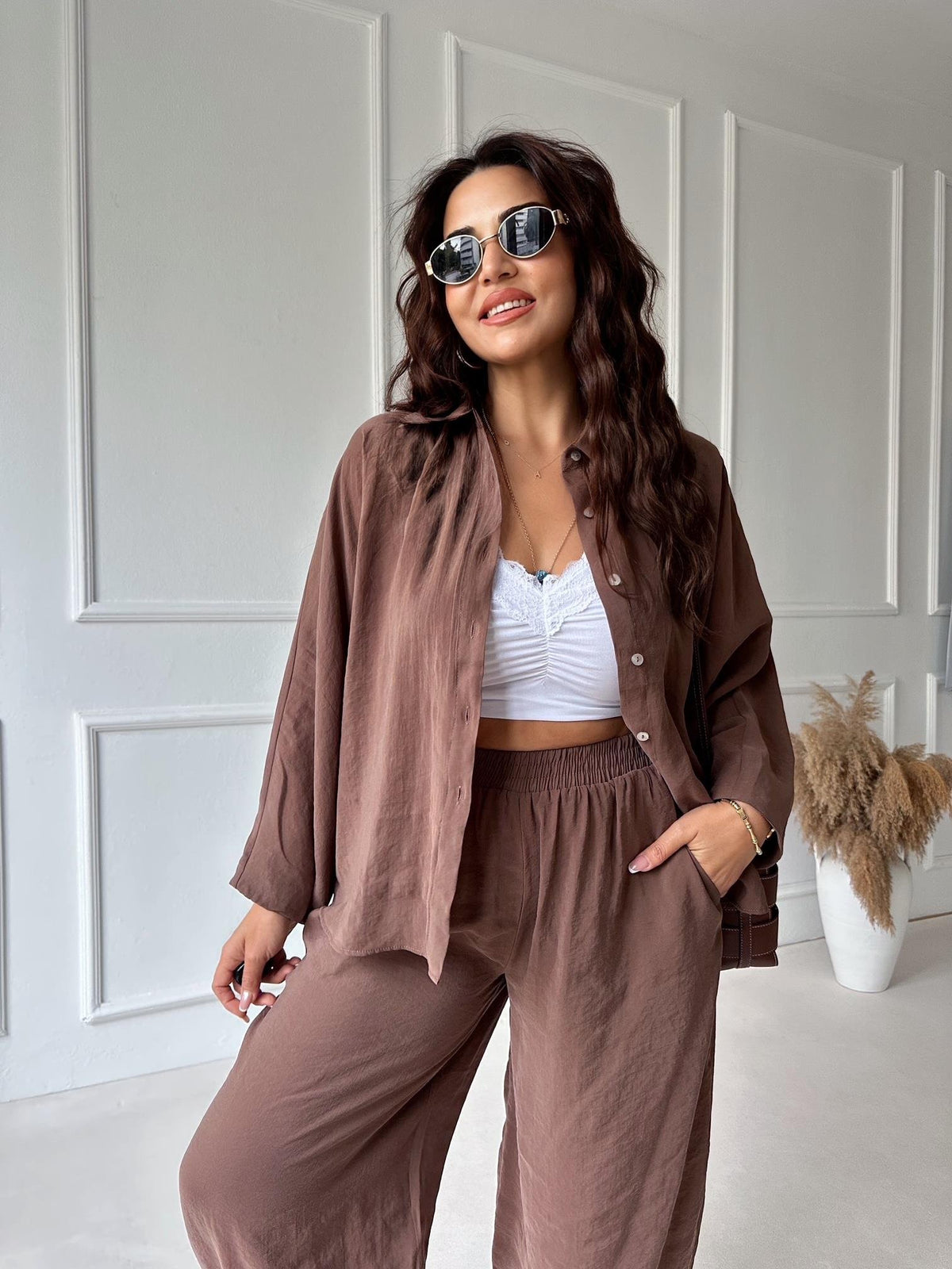 Brown Luxe Tencel Co-Ord — Relaxed Balloon Pants & Button-Down Top