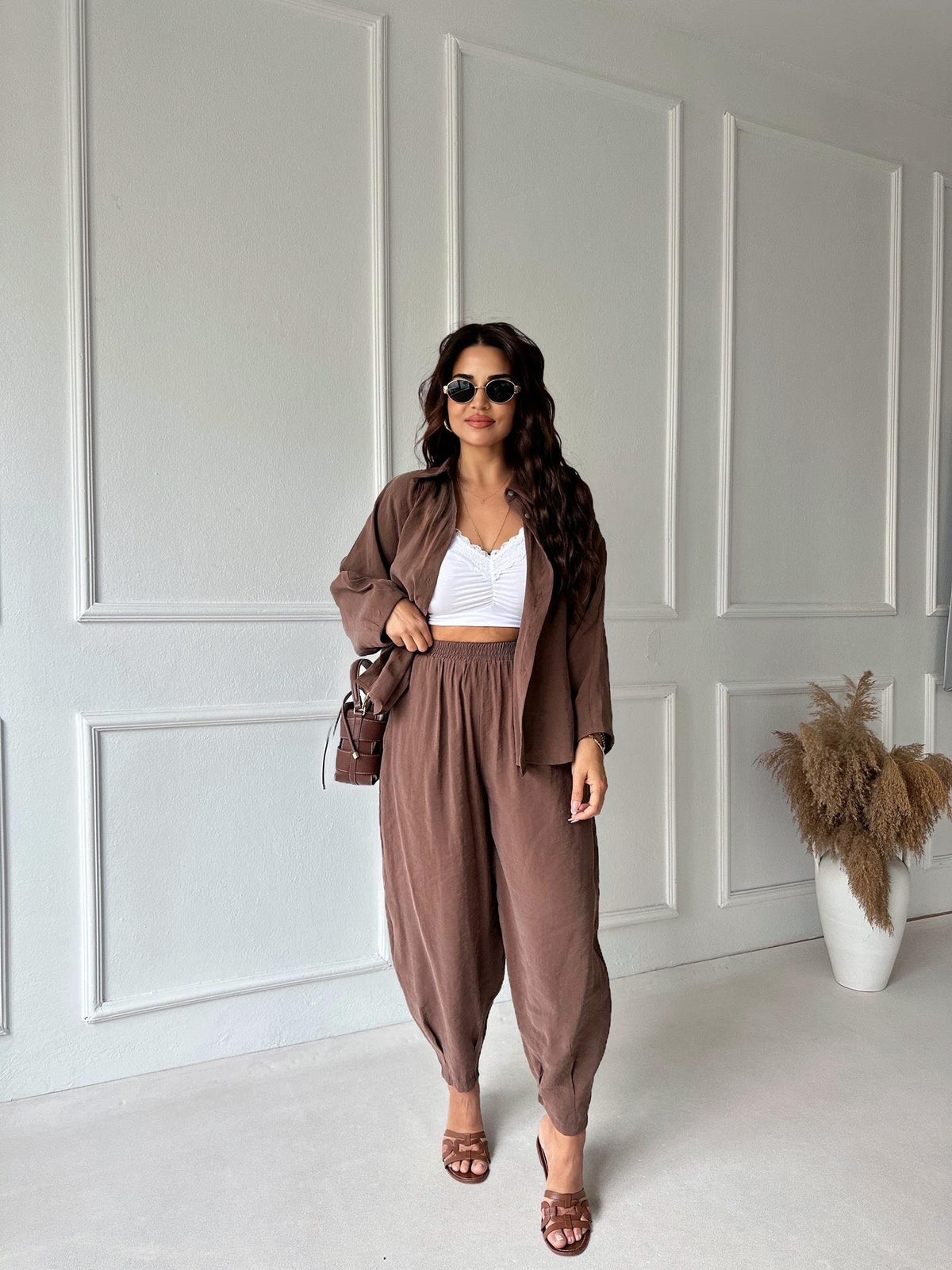 Brown Luxe Tencel Co-Ord — Relaxed Balloon Pants & Button-Down Top