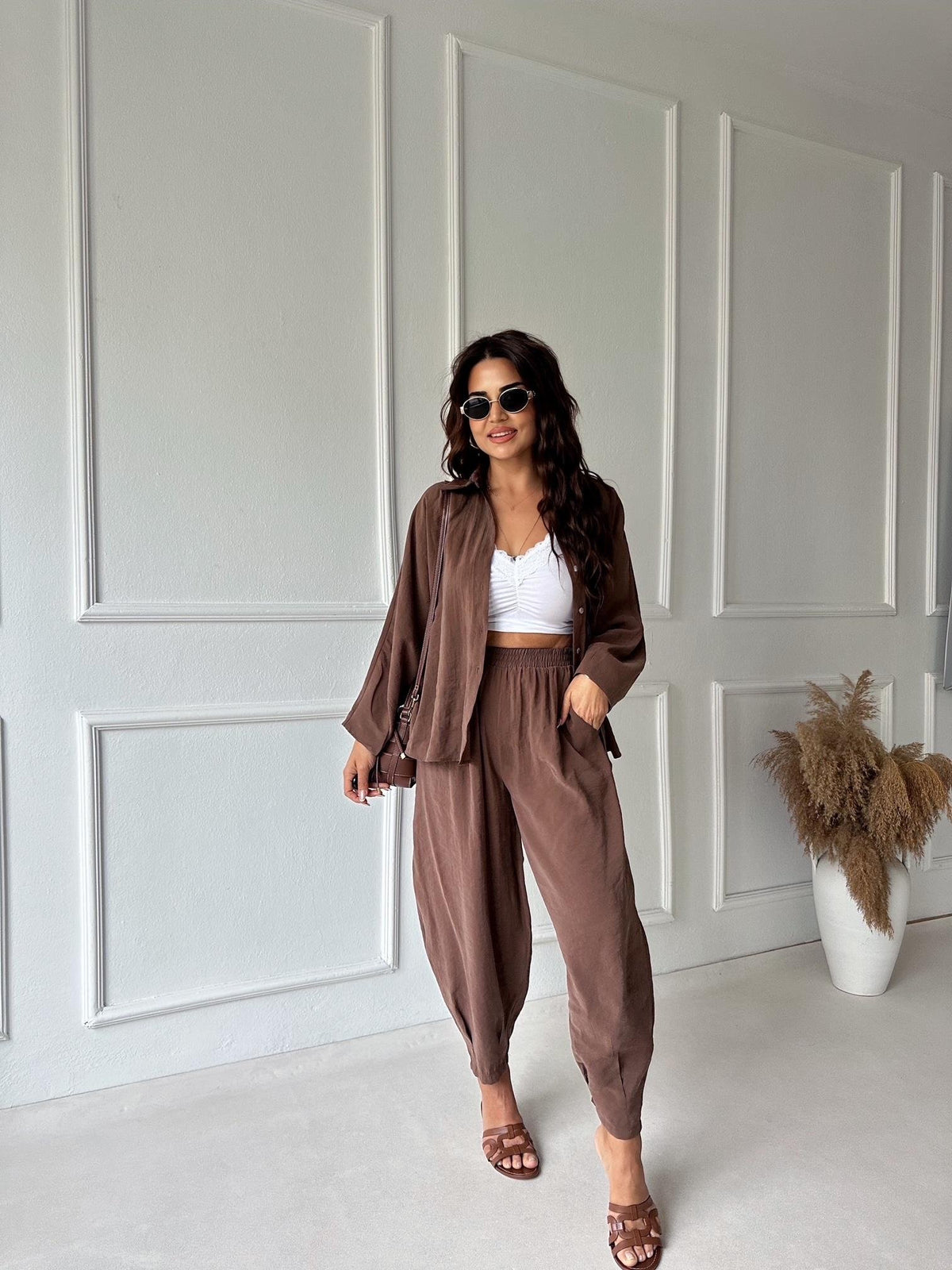 Brown Luxe Tencel Co-Ord — Relaxed Balloon Pants & Button-Down Top