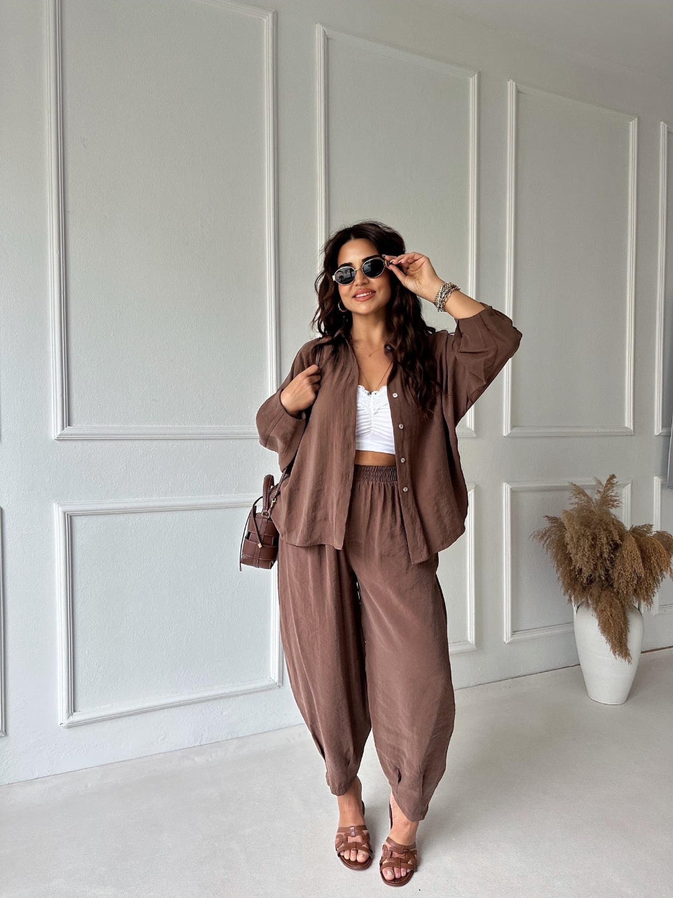 Brown Luxe Tencel Co-Ord — Relaxed Balloon Pants & Button-Down Top
