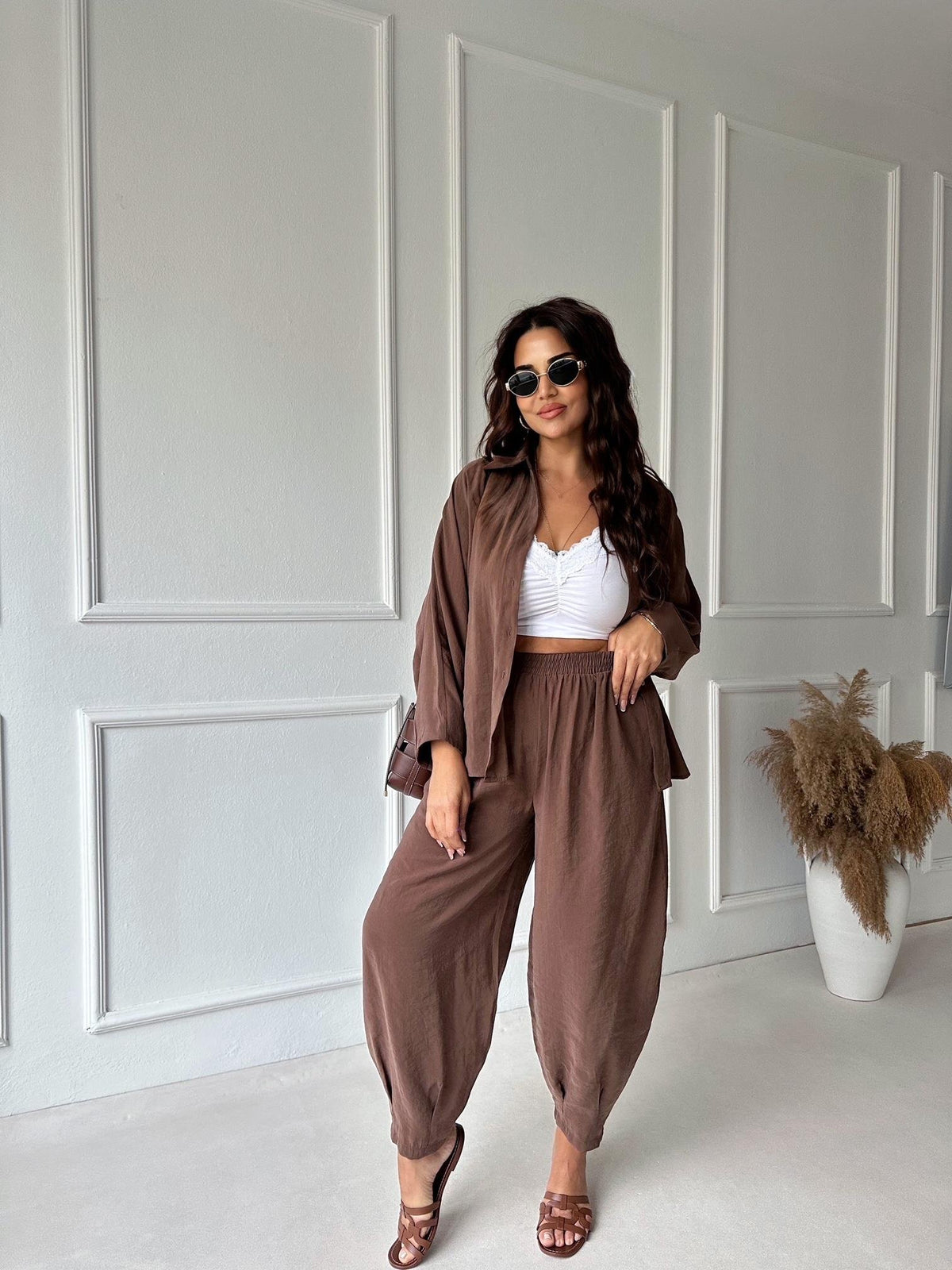 Brown Luxe Tencel Co-Ord — Relaxed Balloon Pants & Button-Down Top