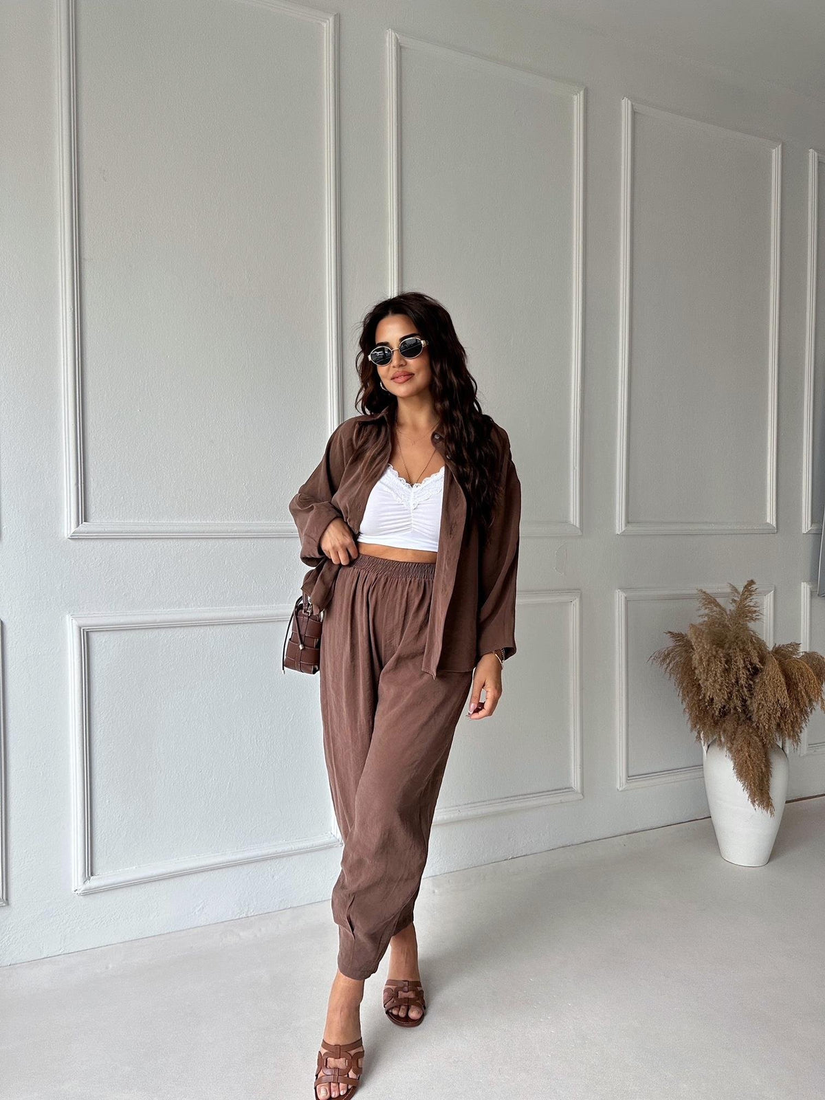 Brown Luxe Tencel Co-Ord — Relaxed Balloon Pants & Button-Down Top