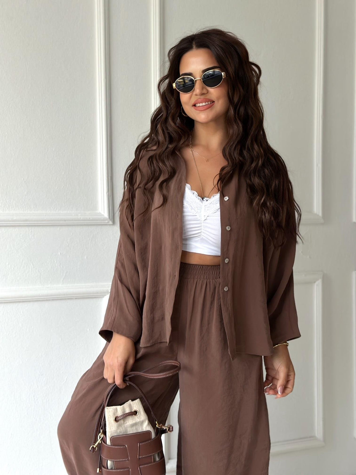 Brown Luxe Tencel Co-Ord — Relaxed Balloon Pants & Button-Down Top