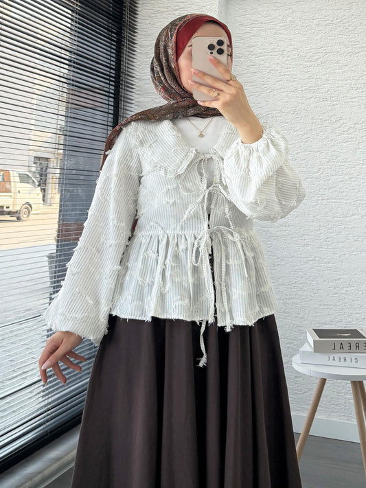 Tassel-Striped Kimono Tie-Up Shirt Light Grey