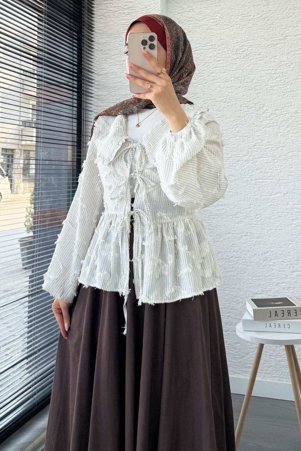 Tassel-Striped Kimono Tie-Up Shirt Light Grey