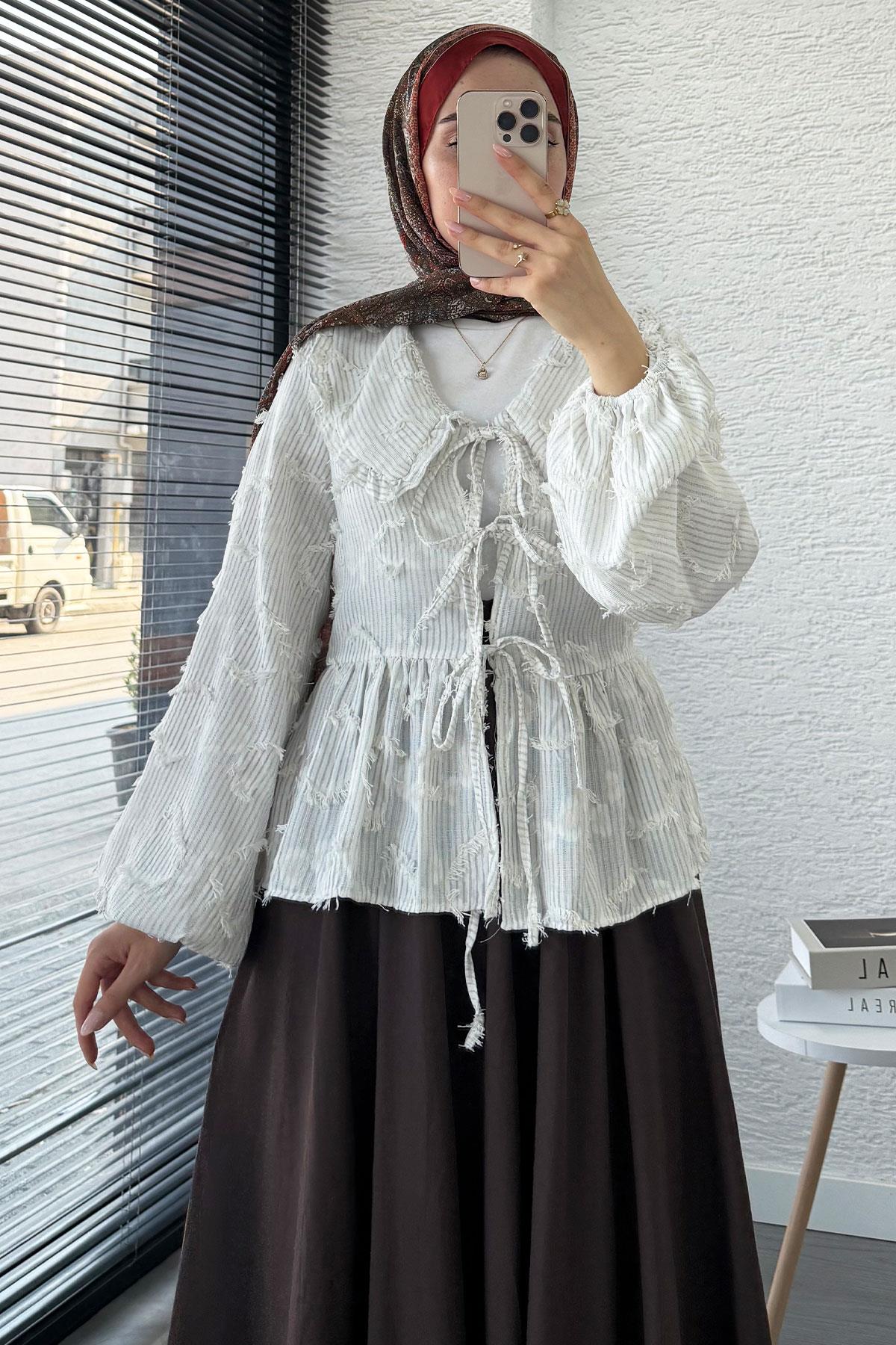 Tassel-Striped Kimono Tie-Up Shirt Light Grey