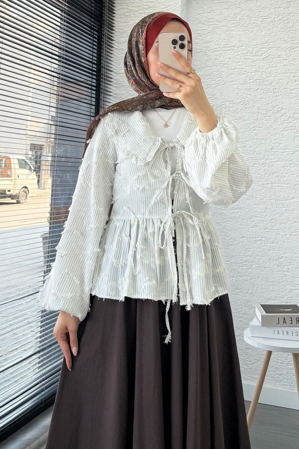 Tassel-Striped Kimono Tie-Up Shirt Light Grey