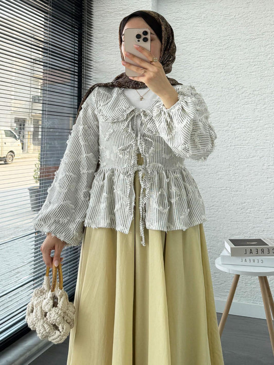 Tassel-Striped Kimono Tie-Up Shirt Grey