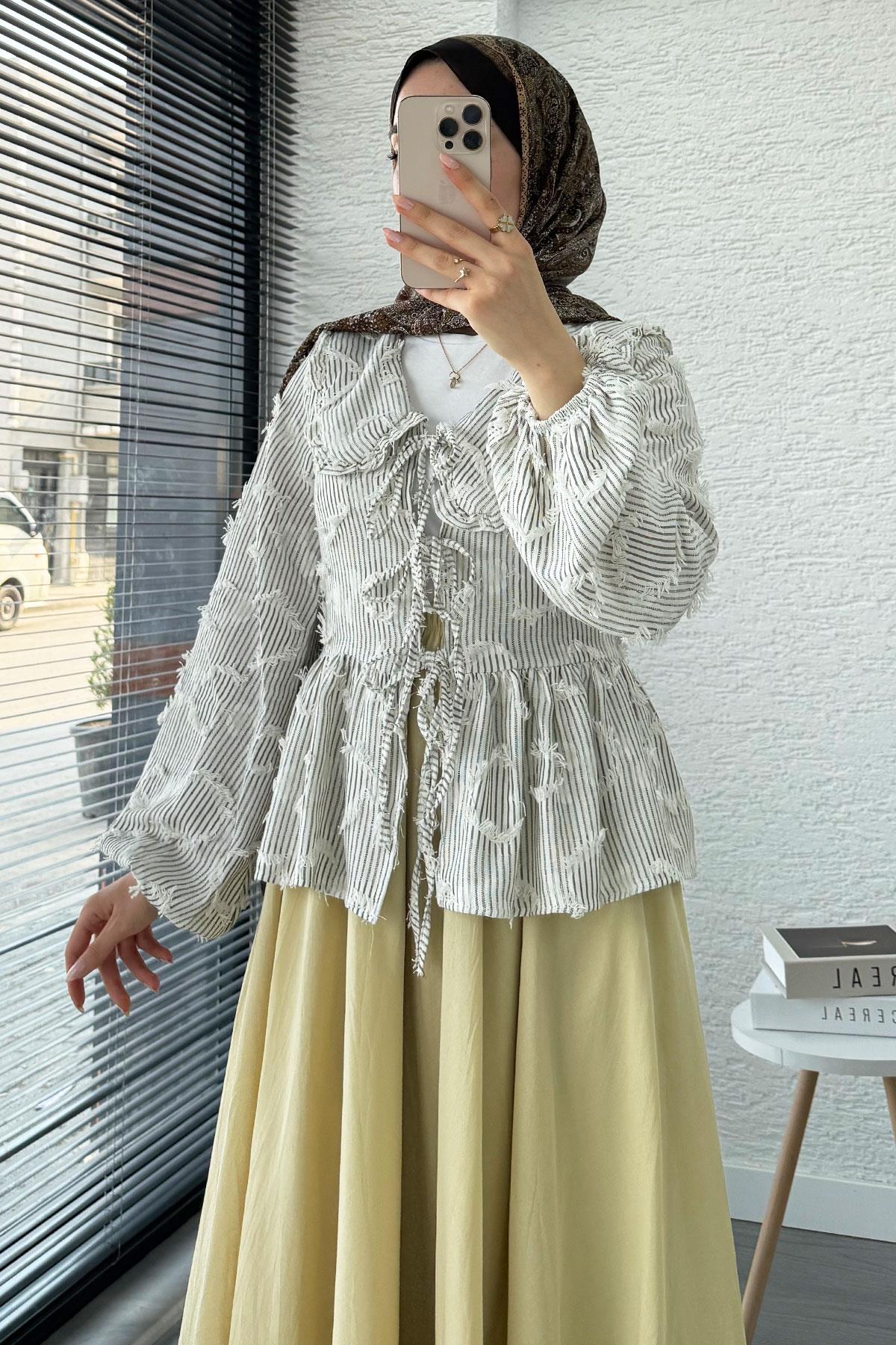 Tassel-Striped Kimono Tie-Up Shirt Grey