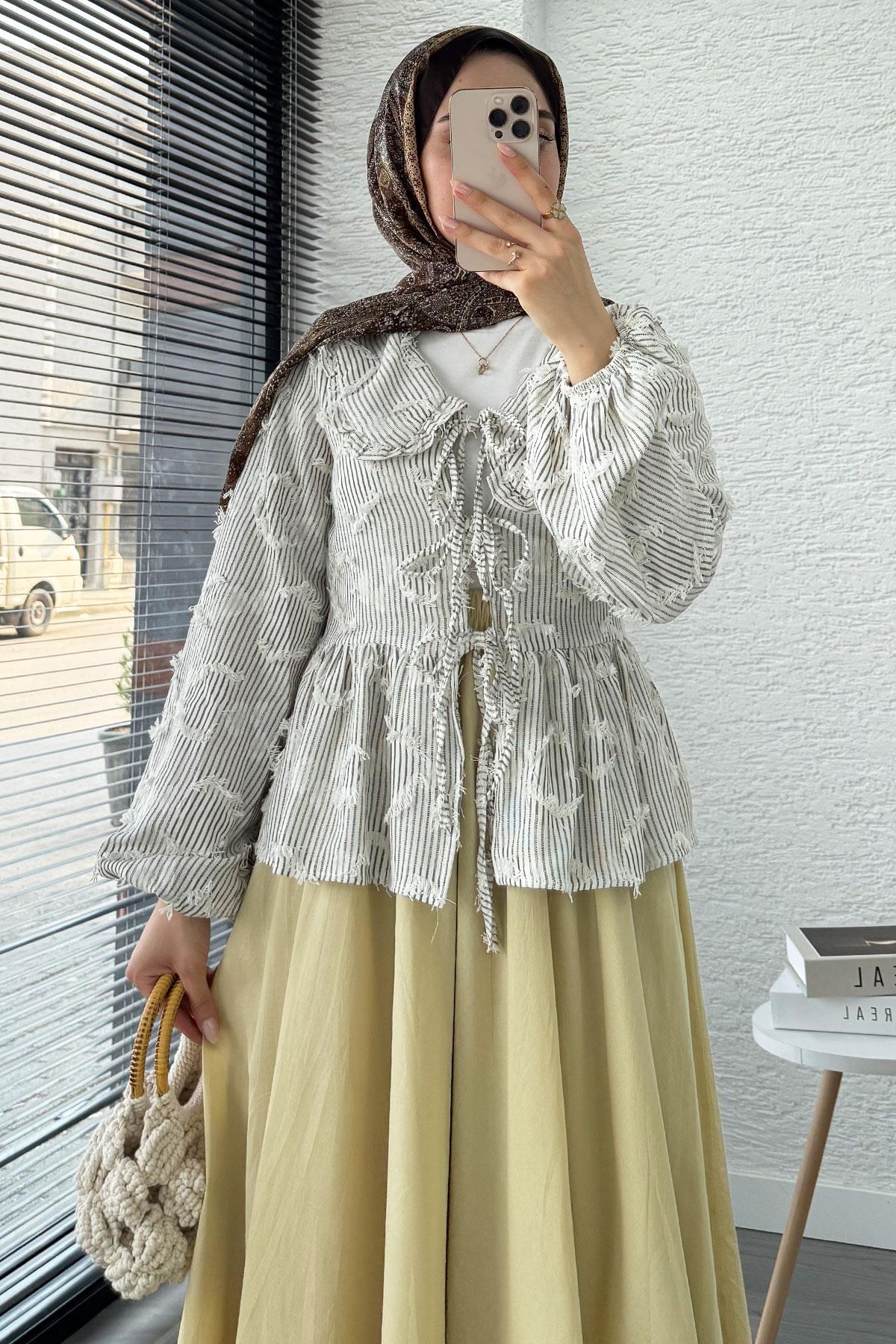 Tassel-Striped Kimono Tie-Up Shirt Grey